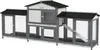 A three-section wooden hutch for small animals, with two side runs and a central enclosed area, featuring ramps and mesh doors. Produktbild-Vorschau