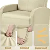 A collage of images showing details of a beige armchair, including close-ups of its fabric and texture, and illustrative graphics. Produktbild-Vorschau