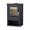 A dark gray wood-burning stove with a glass door and a storage compartment at the bottom, presented on a white background. Produktbild-Vorschau
