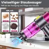A handheld vacuum cleaner is shown in use on a kitchen counter, with a graphic overlay illustrating its cleaning capabilities. Produktbild-Vorschau