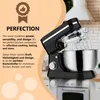 A black kitchen mixer with a silver bowl is shown, with marketing text and a thumbs-up icon. Produktbild-Vorschau