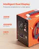 Close-up of the back and side of an orange air compressor with text overlays describing its features. Produktbild-Vorschau