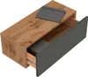 A floating nightstand with an open drawer, showing its wood grain texture and gray drawer front. Produktbild-Vorschau