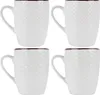 Four white ceramic mugs with textured patterns and dark rims are arranged in a two-by-two grid against a white background. Podgląd zdjęcia produktu