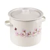 A white enamel pot with a lid, decorated with pink magnolia flowers and a purple butterfly. Produktbild-Vorschau