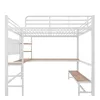 A white metal loft bed with a wooden desk and bench, shown against a white background. Produktbild-Vorschau
