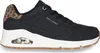 A side view of a black Skechers sneaker with leopard print accents. Voir les images du produit