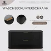 A marketing image for a black vanity cabinet with gold handles, showcasing its features and design. Produktbild-Vorschau