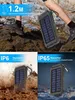 A collage of images showing a solar power bank in different scenarios, highlighting its durability and water resistance. Produktbild-Vorschau