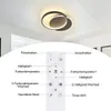 A ceiling light fixture and a remote control with its functions labeled. Produktbild-Vorschau