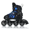 A black and blue inline skate with four wheels, shown from the side against a white background. Voir les images du produit
