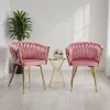Two pink velvet armchairs with gold legs flank a small gold wire side table with two small potted plants. Produktbild-Vorschau