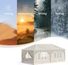 A marketing image showing a beige party tent with multiple windows and curtains, set against a background collage depicting different weather conditions (windy desert, sunny landscape, rainy road, snowy forest). Produktbild-Vorschau