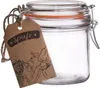 A clear glass jar with a wire bail closure and an orange rubber seal, with a brown paper tag attached. The tag has illustrations of fruits and vegetables and text. Náhled obrázku produktu