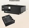 A product image showing a black coffee table with dimensions annotated and a separate image of a drawer from the table. Anteprima dell’immagine prodotto