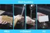 A collage of four images showing the process of cleaning a sponge. The first image shows a dirty sponge, the second and third show hands washing the sponge under running water, and the fourth shows a clean sponge. Produktbild-Vorschau