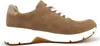 A side view of a brown and beige sneaker with white laces and a white sole. Produktbild-Vorschau