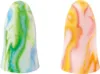 Two earplugs with marbled patterns in green/blue and yellow/pink are shown against a white background. Produktbild-Vorschau
