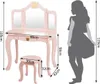 A pink children's vanity table and stool with a silhouette of a child next to it, showing dimensions. Podgląd zdjęcia produktu