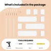 An image showing the contents of a package and the tools required for assembly. It displays various white shelves, poles, screws, and wall anchors, along with icons for an electric drill, Phillips screwdriver, pencil, and spirit level. Produktbild-Vorschau