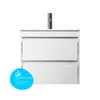 A white bathroom vanity with two drawers and a faucet, with an eco-friendly certification badge on the lower left. Produktbild-Vorschau