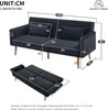 A diagram showing the dimensions of a sofa bed, with a separate inset showing the sofa in its bed configuration. Voir les images du produit