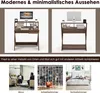 Collage of images showing a desk in different settings, including a home office, a library, and a bedroom, along with text describing its features and versatility. Produktbild-Vorschau