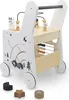 A white wooden baby walker with various activity features. Produktbild-Vorschau