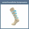 A beige compression sock with blue swirling lines indicating airflow or compression. Produktbild-Vorschau