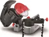 A close-up studio shot of a black and red electric chainsaw sharpener with a chain attached. Produktbild-Vorschau