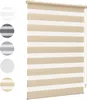 A roller blind with horizontal stripes of beige and white, shown against a white background. Several circular swatches of different color options for the blind are displayed to the left of the main product image. Voir les images du produit