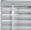 Close-up view of a silver aluminum blind with a clear plastic cord guide. Produktbild-Vorschau