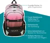 A pink and black backpack with teal background and text overlays describing its features. Anteprima dell’immagine prodotto
