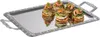 A silver serving tray with decorative handles and a patterned rim, holding several appetizers topped with shrimp and greens. Produktbild-Vorschau