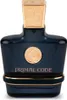 A dark blue perfume bottle with gold accents and a gold emblem on a white background. Podgląd zdjęcia produktu