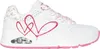 A side view of a white Skechers sneaker with pink heart designs. Voir les images du produit