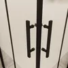 A close-up view of two black shower door handles on a frosted glass shower enclosure. Produktbild-Vorschau