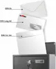 Three different sizes of envelopes are shown stacked on top of each other, with labels pointing to each. Produktbild-Vorschau