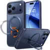 A dark blue iPhone case with a ring stand is shown from multiple angles, with one angle showing the phone screen displaying the time and weather. Anteprima dell’immagine prodotto