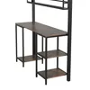A close-up, angled view of a metal and wood desk with shelves. Voir les images du produit