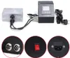 A product shot of an electronic device kit, including a control box with a screen and buttons, a metal heating plate, and various cables and connectors. The image also features close-up insets of the connectors, a red power switch, and a power input socket Podgląd zdjęcia produktu