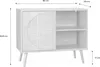 A white Scandinavian-style sideboard with a rattan door and wooden legs, shown with dimensions indicated. Anteprima dell’immagine prodotto