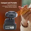 A portable heater is shown warming a person's hands, with text highlighting its compact and portable nature. Podgląd zdjęcia produktu