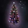 A decorated artificial Christmas tree with multi-colored lights and a star on top, set against a dark, starry background. Voir les images du produit