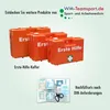 Three orange first aid kits of varying sizes are displayed, along with a smaller image of a first aid kit's contents. Text and a logo are present in the upper portion of the image. Produktbild-Vorschau