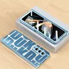 A blue phone case with a text pattern and a phone with a blue case are displayed on a wooden surface. Produktbild-Vorschau