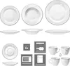 A collage of images showing different pieces of a white porcelain dinnerware set with a gray decorative rim, along with icons indicating product features. Produktbild-Vorschau