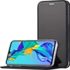 A black flip case for a smartphone is shown, with the phone inside displaying a colorful abstract image. The case is standing upright in the background, and the phone is lying flat in the foreground. Produktbild-Vorschau