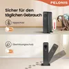 A split image showing a black oil-filled radiator heater with safety features highlighted. Produktbild-Vorschau