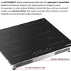 A black induction cooktop with silver trim, shown from a slightly elevated angle, with text overlays highlighting its features. Produktbild-Vorschau